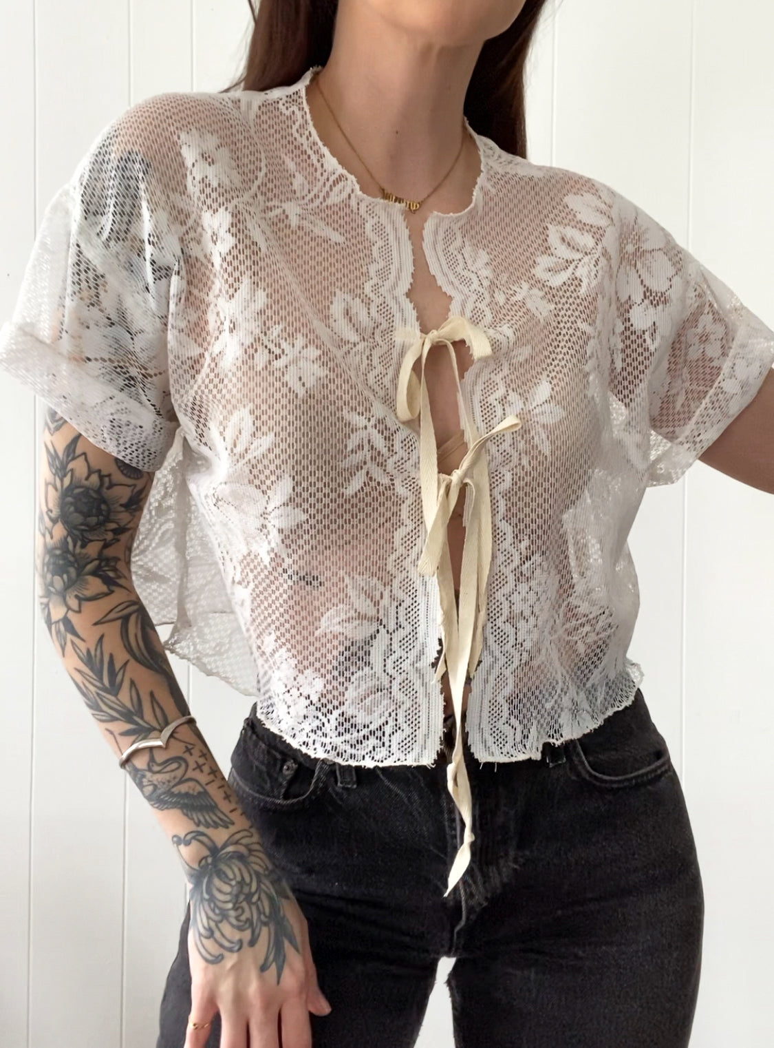 Upcycled Tie Front Lace Blouse