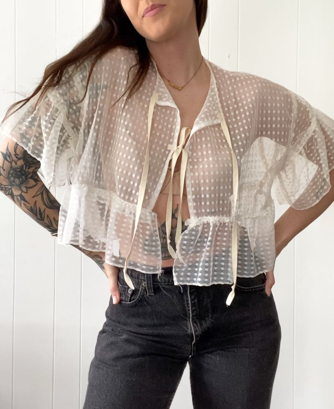 (M) Upcycled Tie Front Frilly Lace Blouse