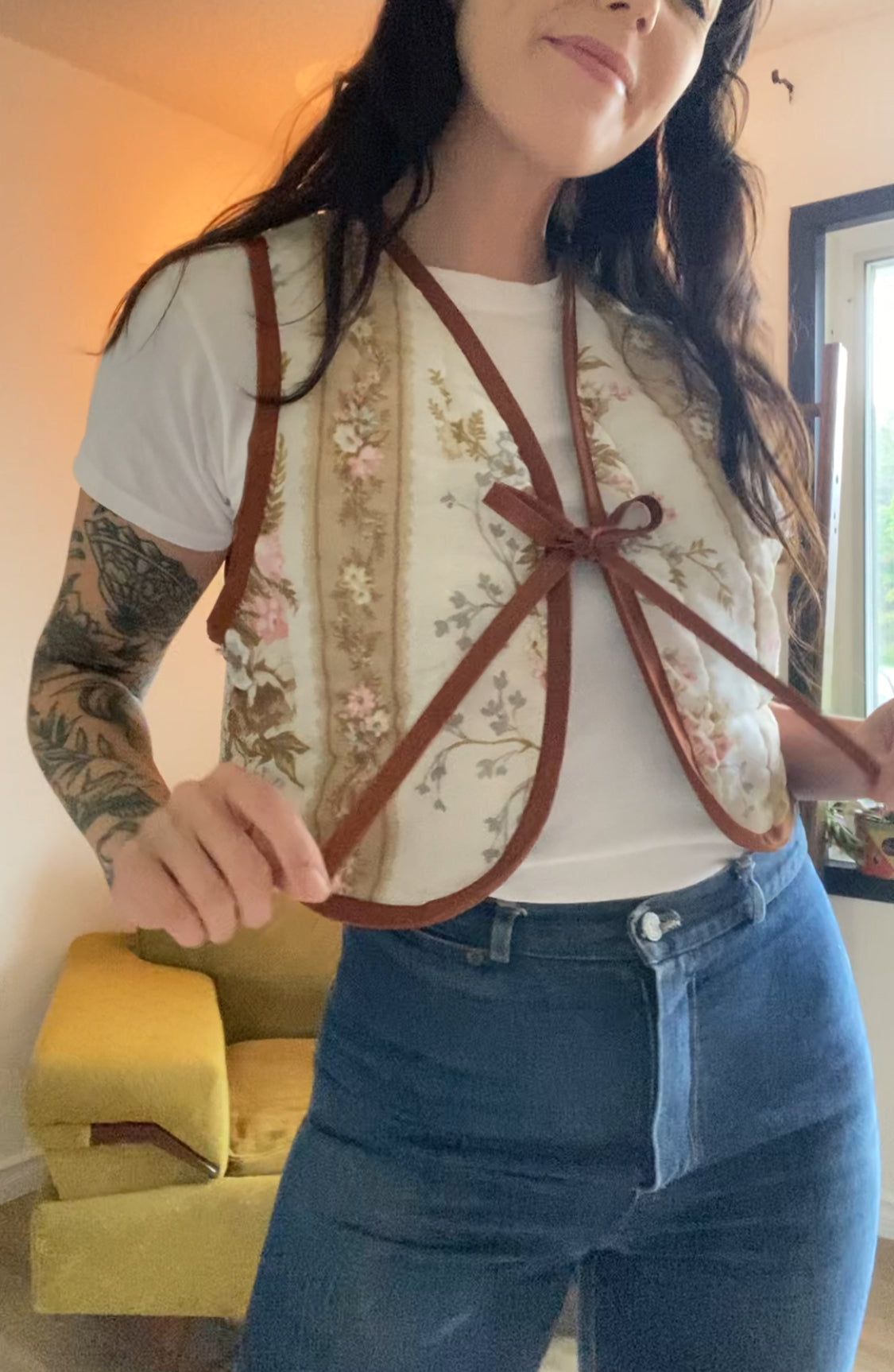 (S) Upcycled Tie Front Floral Vest