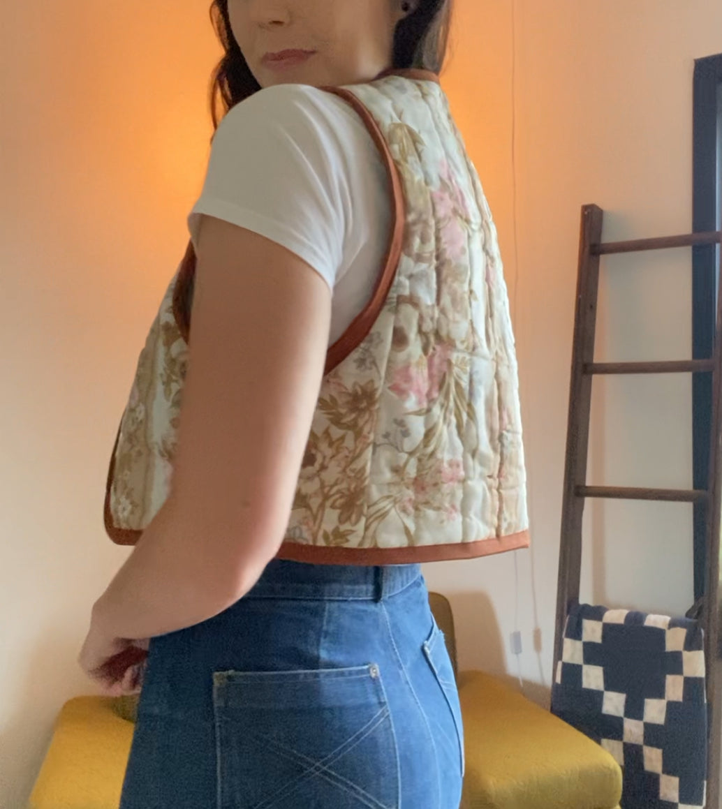 (S) Upcycled Tie Front Floral Vest