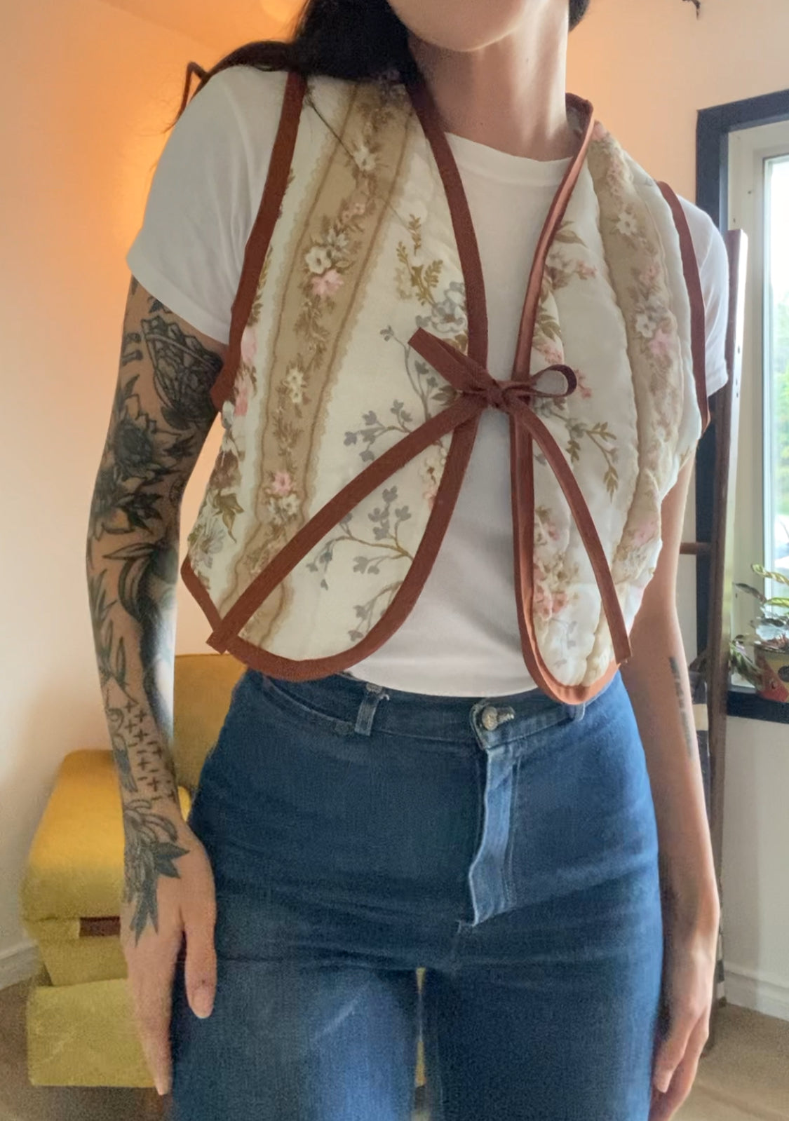 (S) Upcycled Tie Front Floral Vest