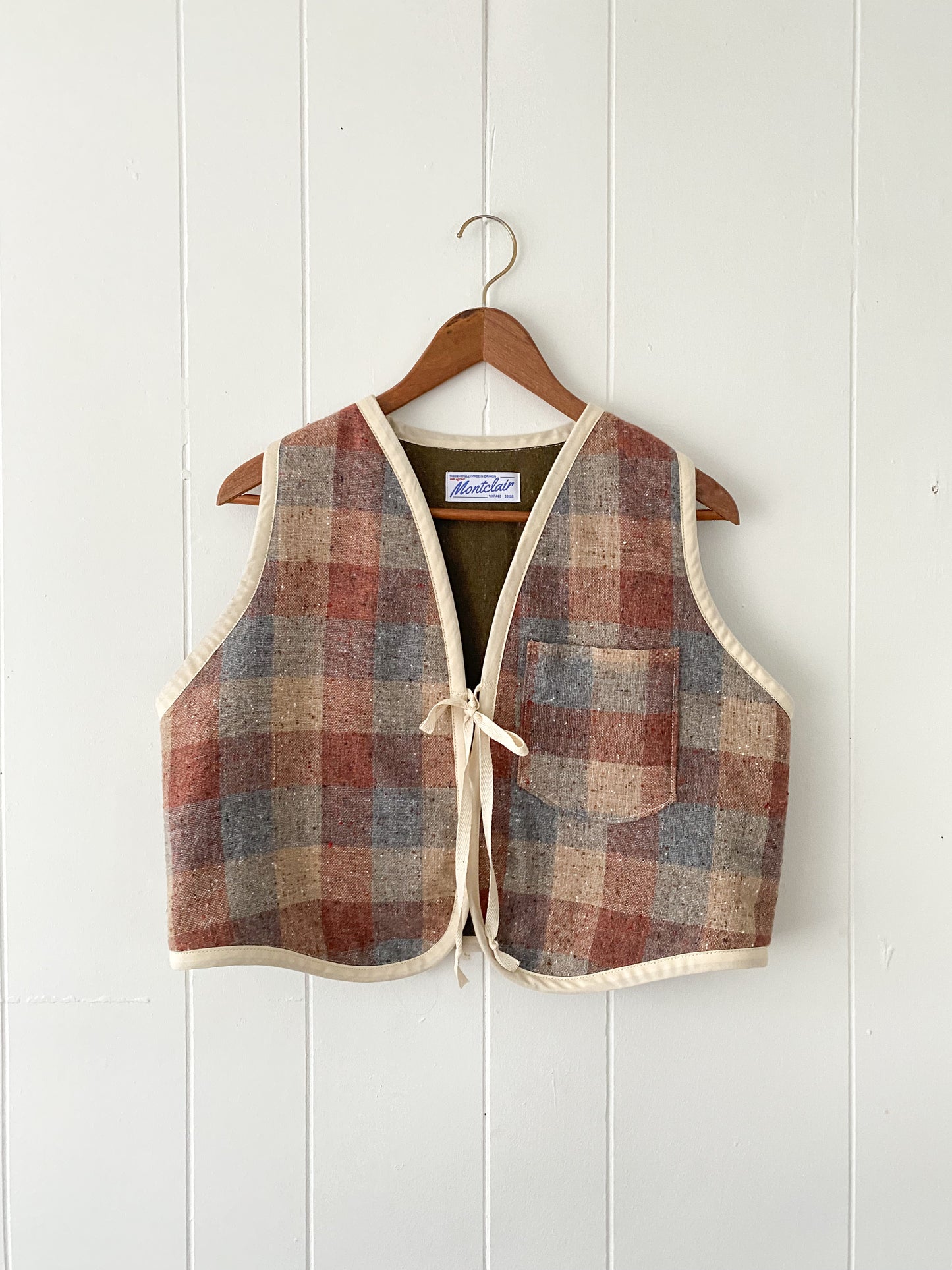 (S/M) Upcycled Checkered Tie-Front Vest