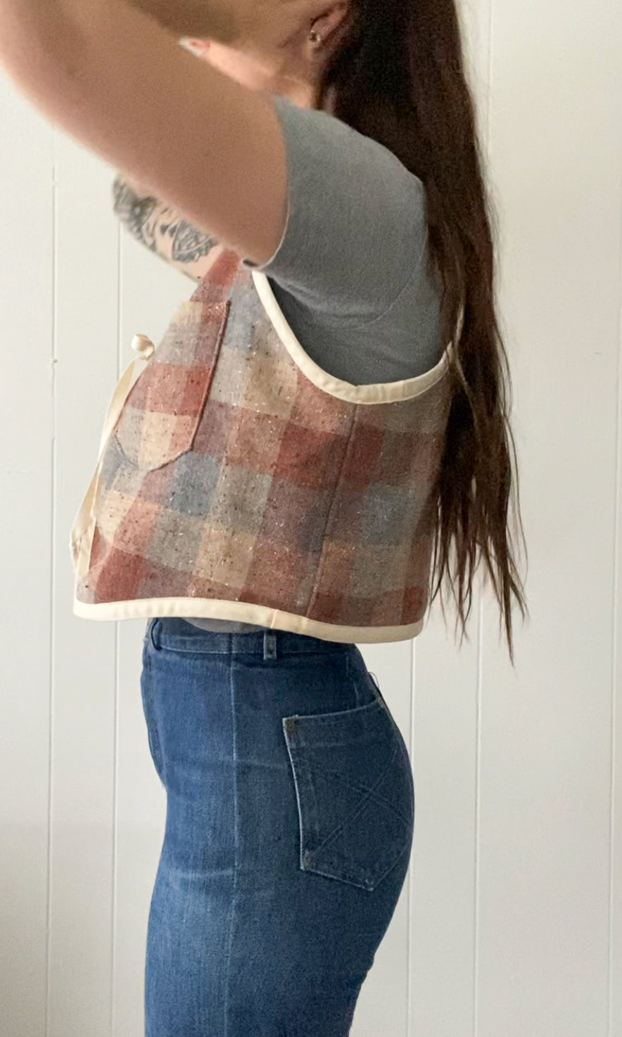 (S/M) Upcycled Checkered Tie-Front Vest