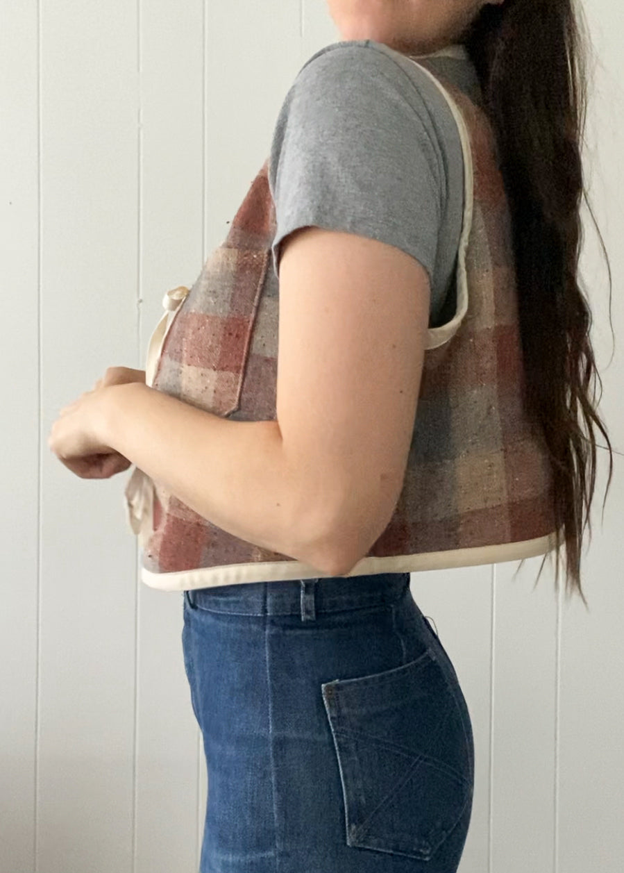 (S/M) Upcycled Checkered Tie-Front Vest