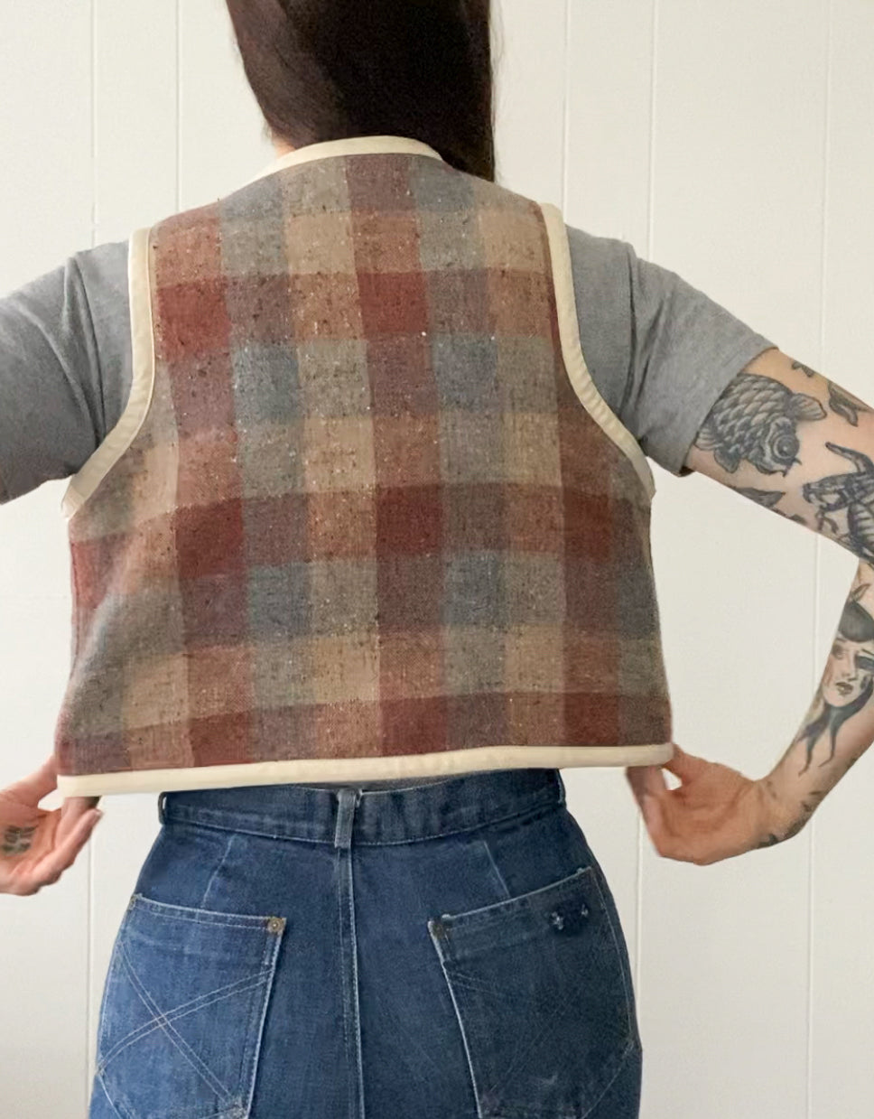 (S/M) Upcycled Checkered Tie-Front Vest