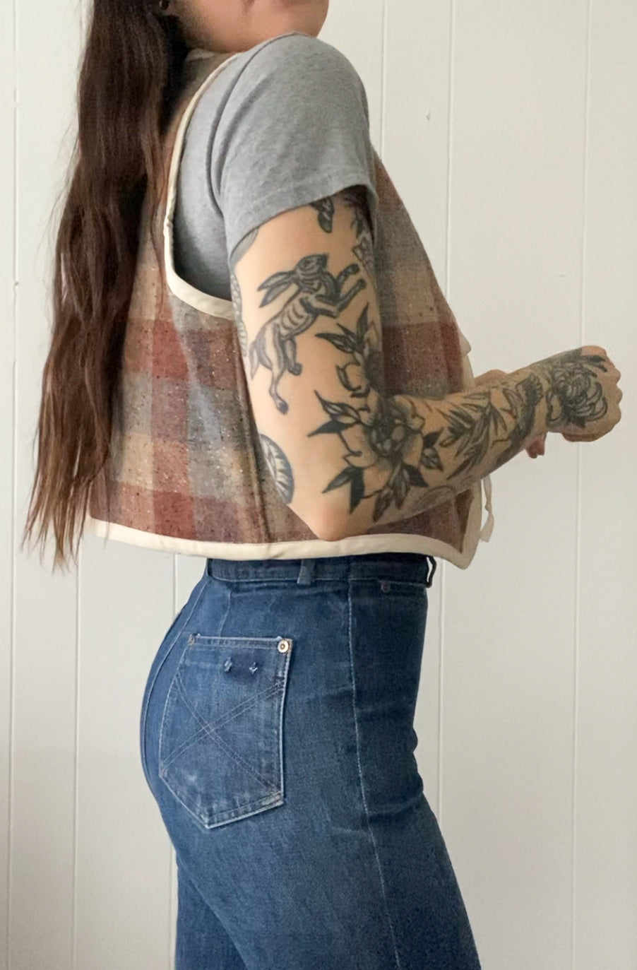 (S/M) Upcycled Checkered Tie-Front Vest