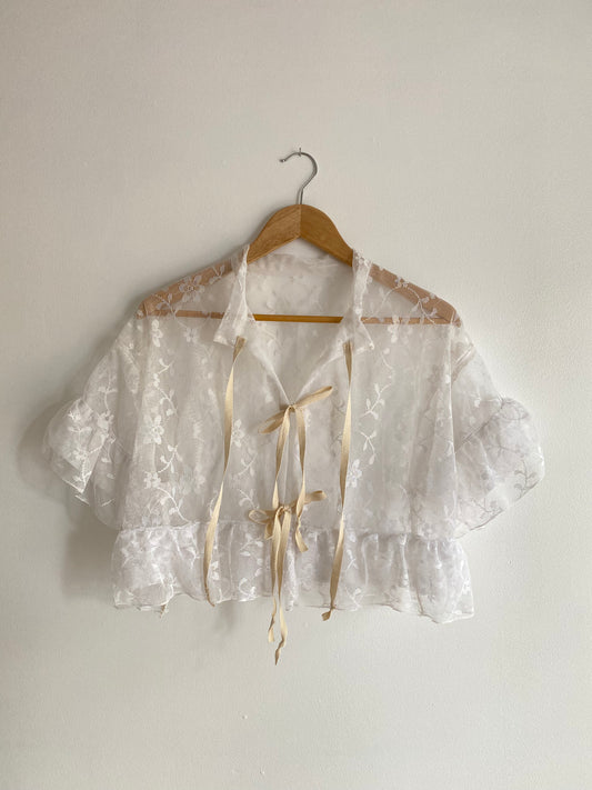 Upcycled Tie Front Frilly Lace Blouse