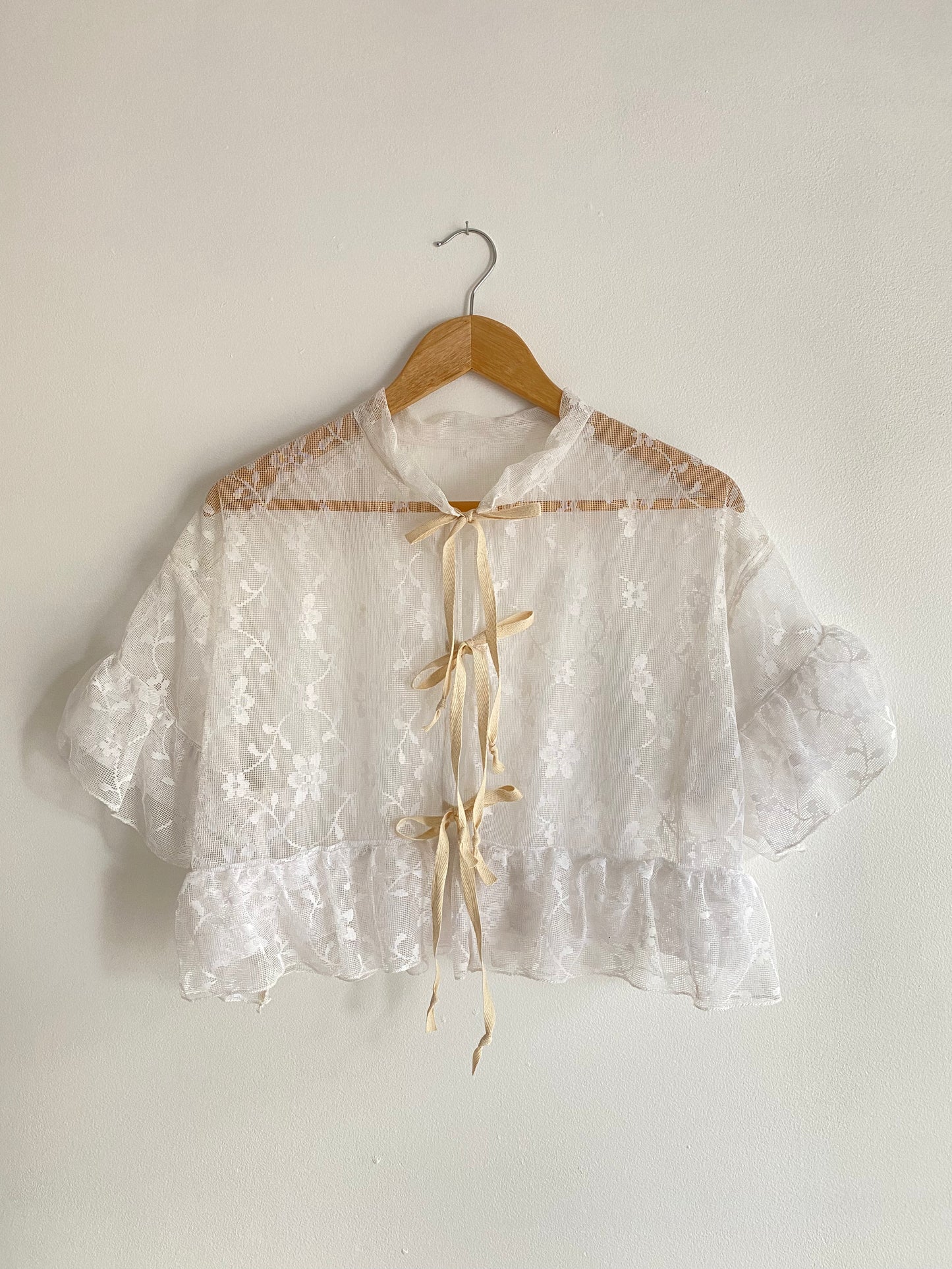 Upcycled Tie Front Frilly Lace Blouse