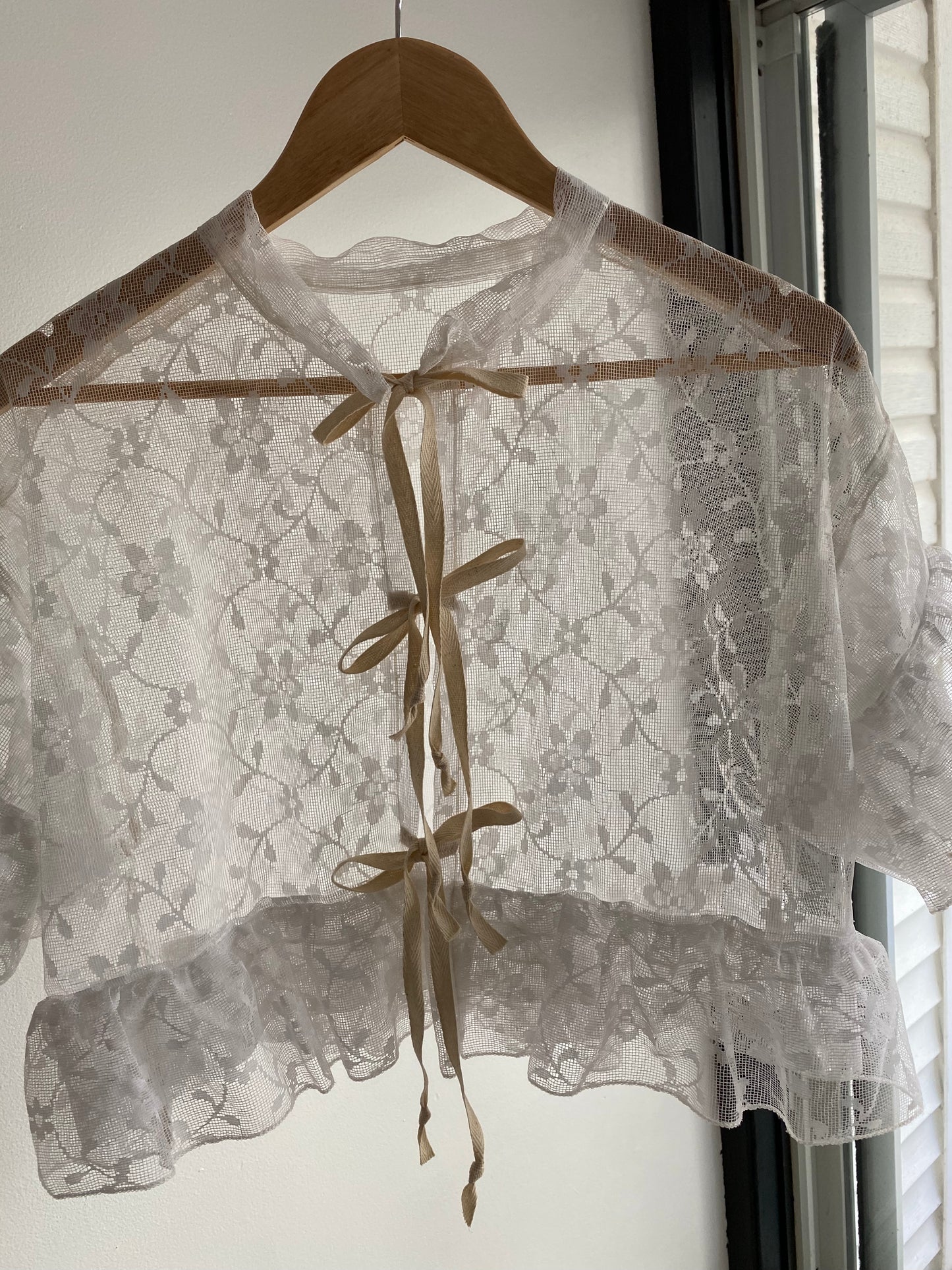 Upcycled Tie Front Frilly Lace Blouse