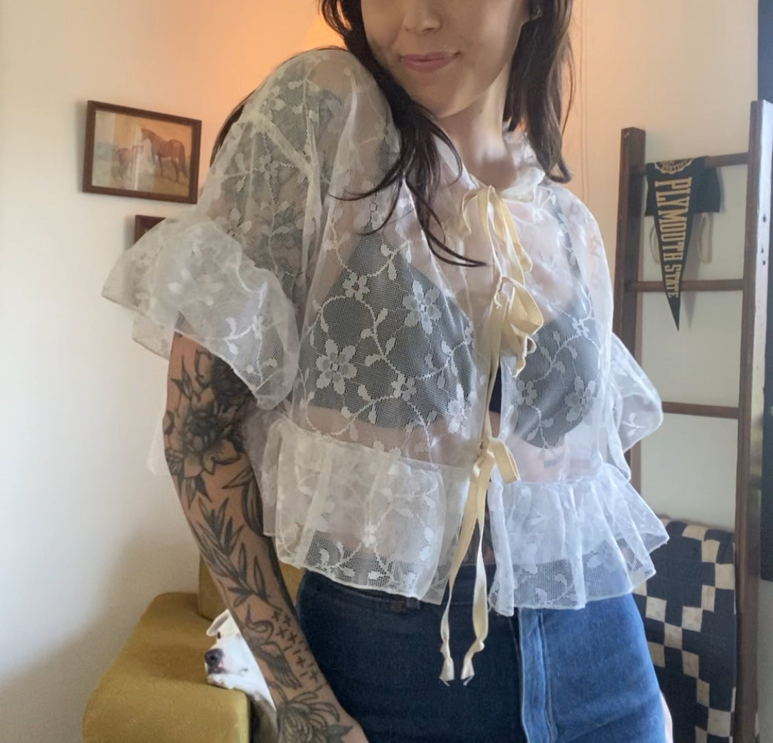 Upcycled Tie Front Frilly Lace Blouse