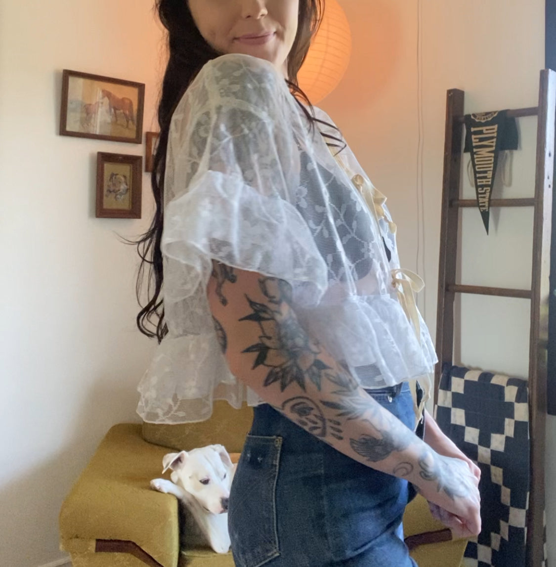 Upcycled Tie Front Frilly Lace Blouse
