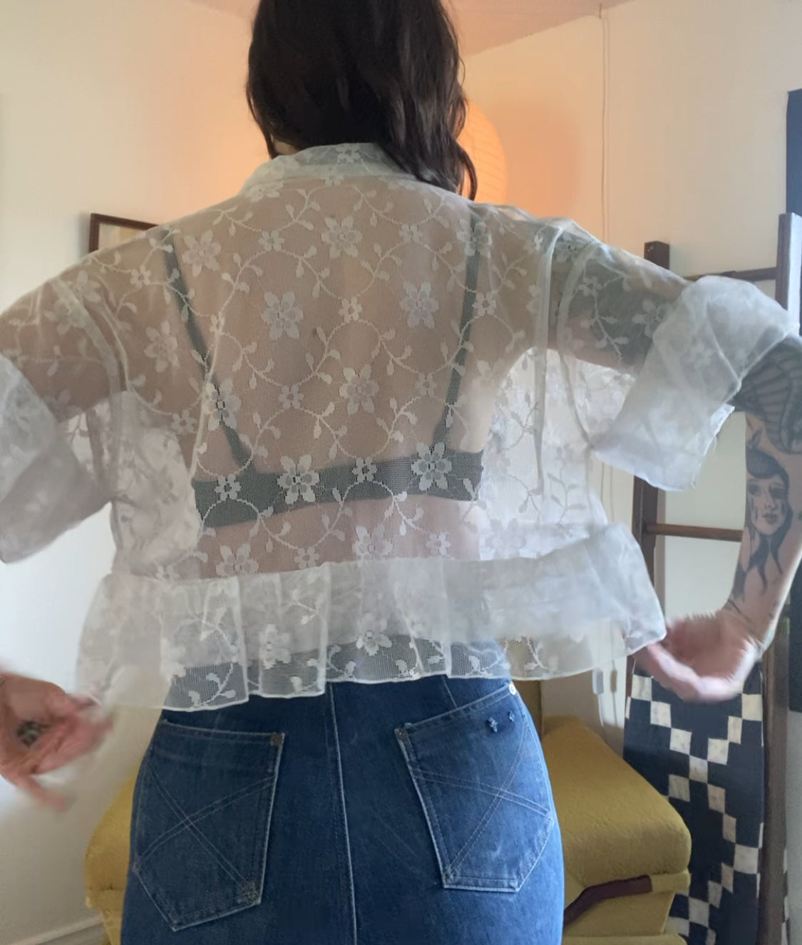 Upcycled Tie Front Frilly Lace Blouse