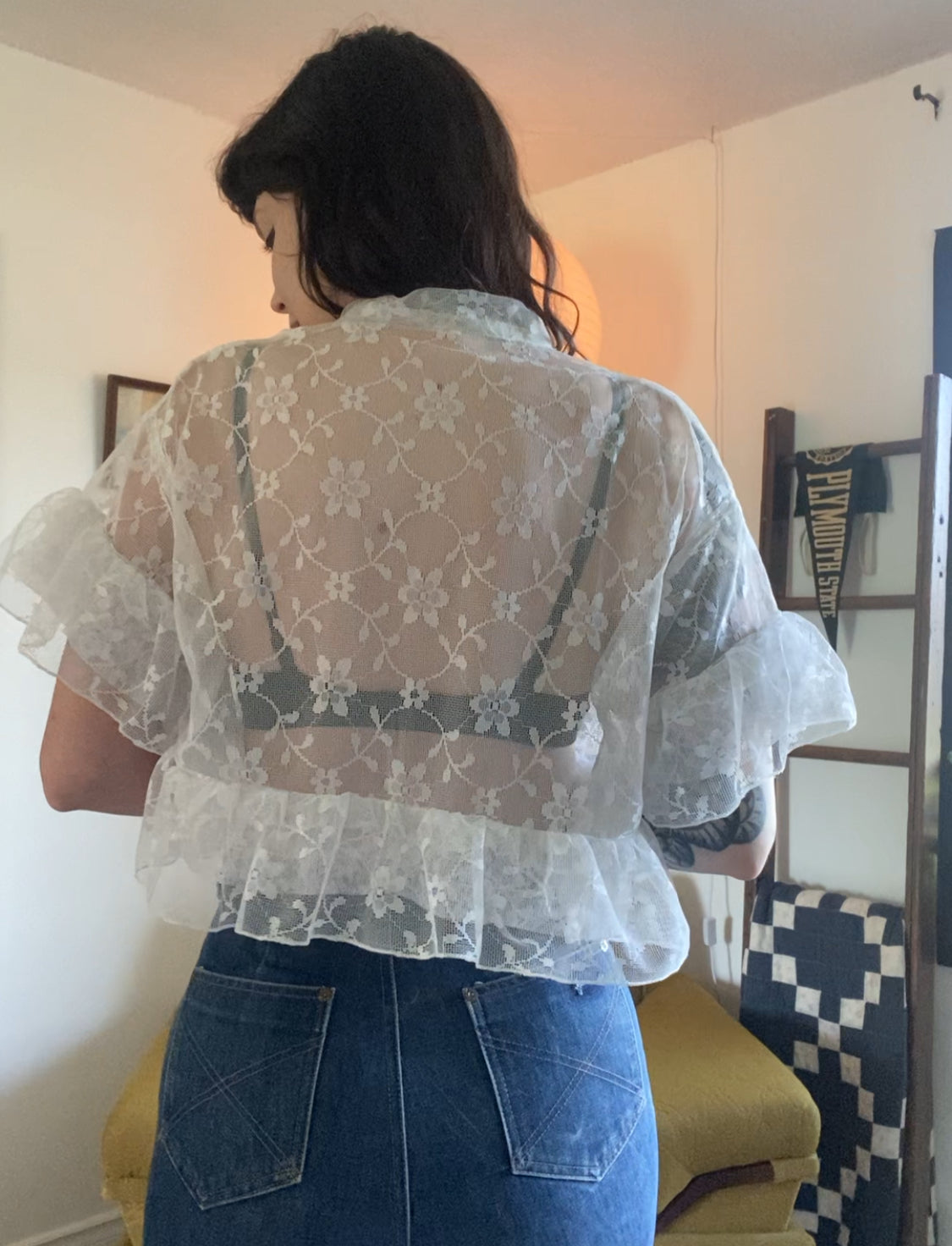 Upcycled Tie Front Frilly Lace Blouse