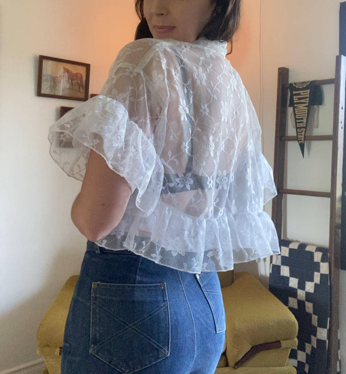 Upcycled Tie Front Frilly Lace Blouse
