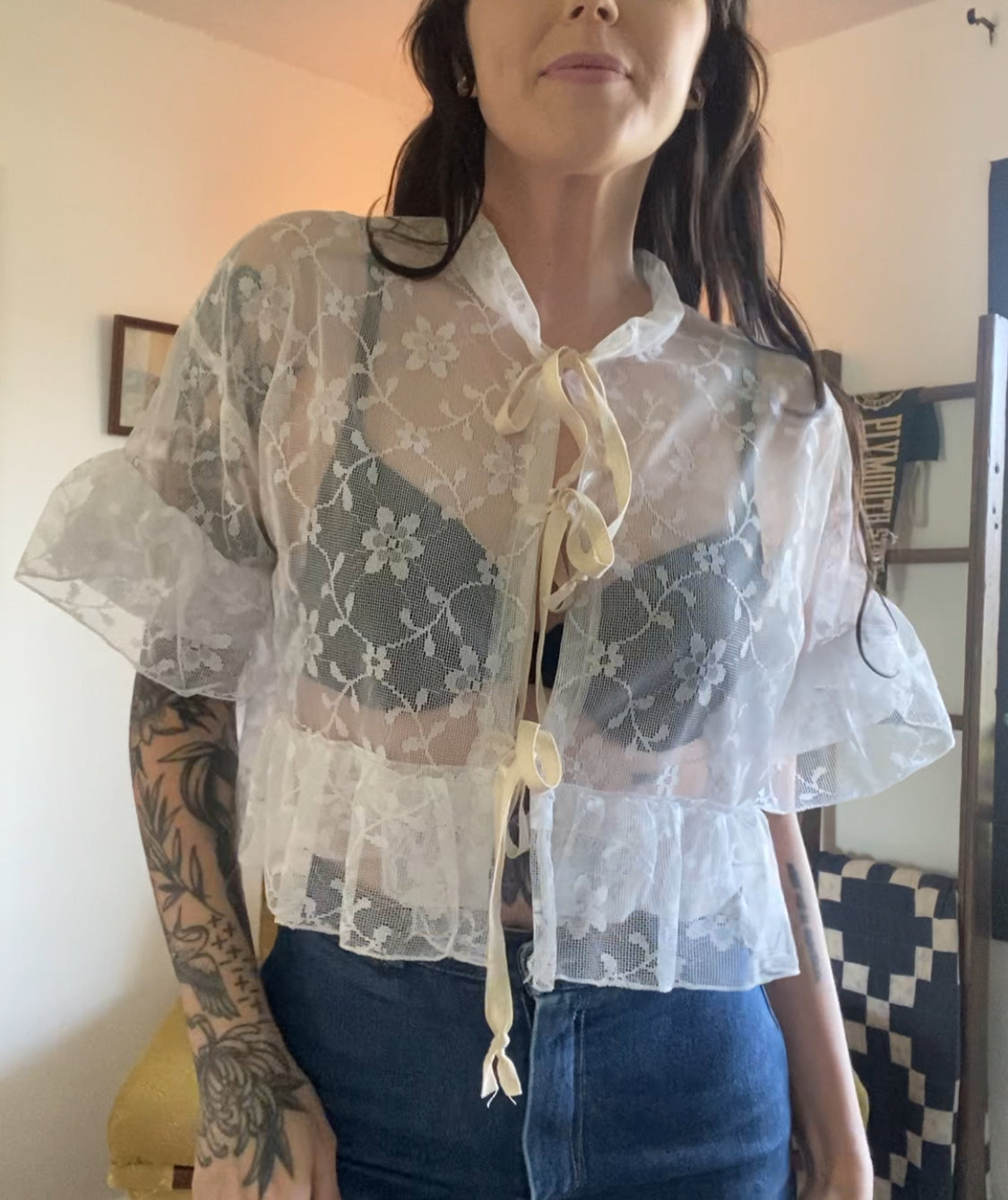 Upcycled Tie Front Frilly Lace Blouse