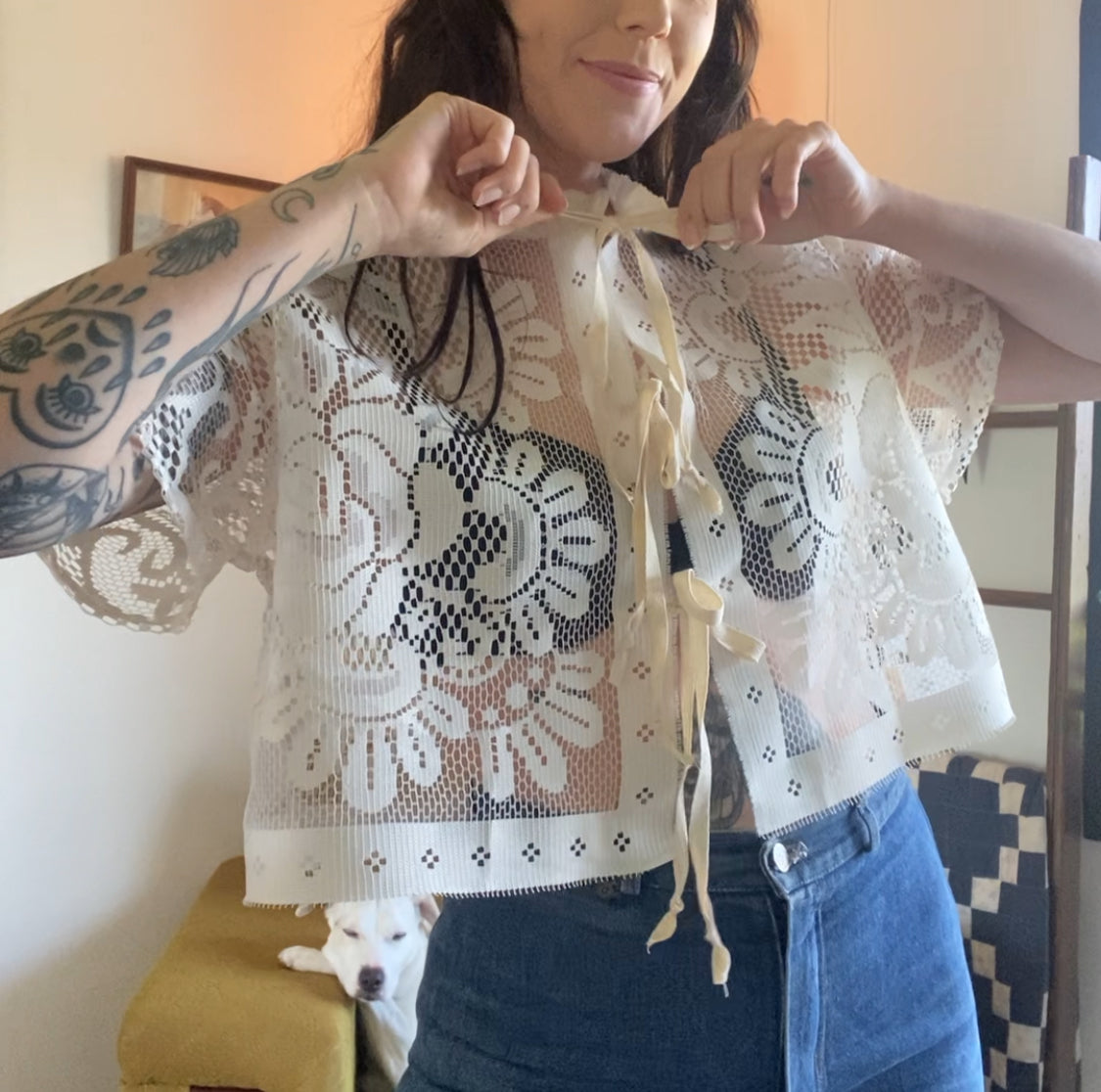 Upcycled Tie Front Lace Blouse