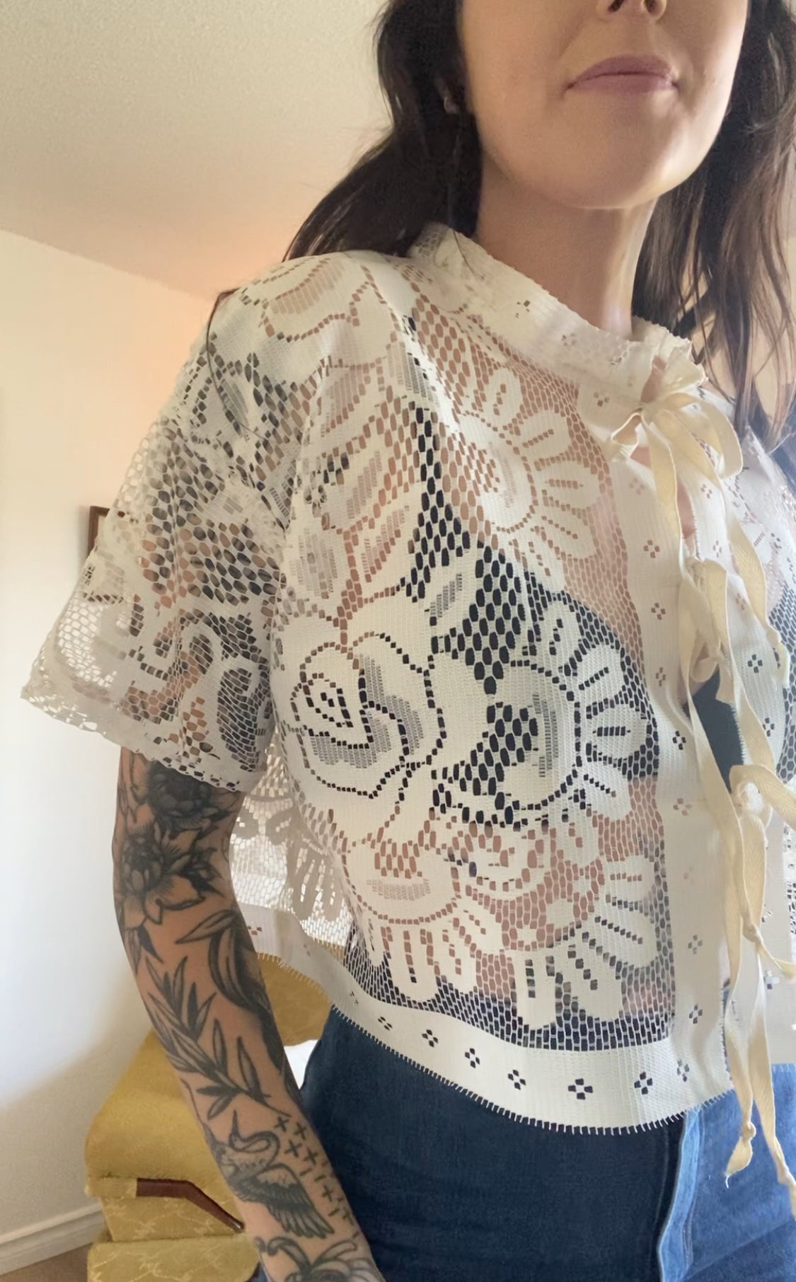 Upcycled Tie Front Lace Blouse