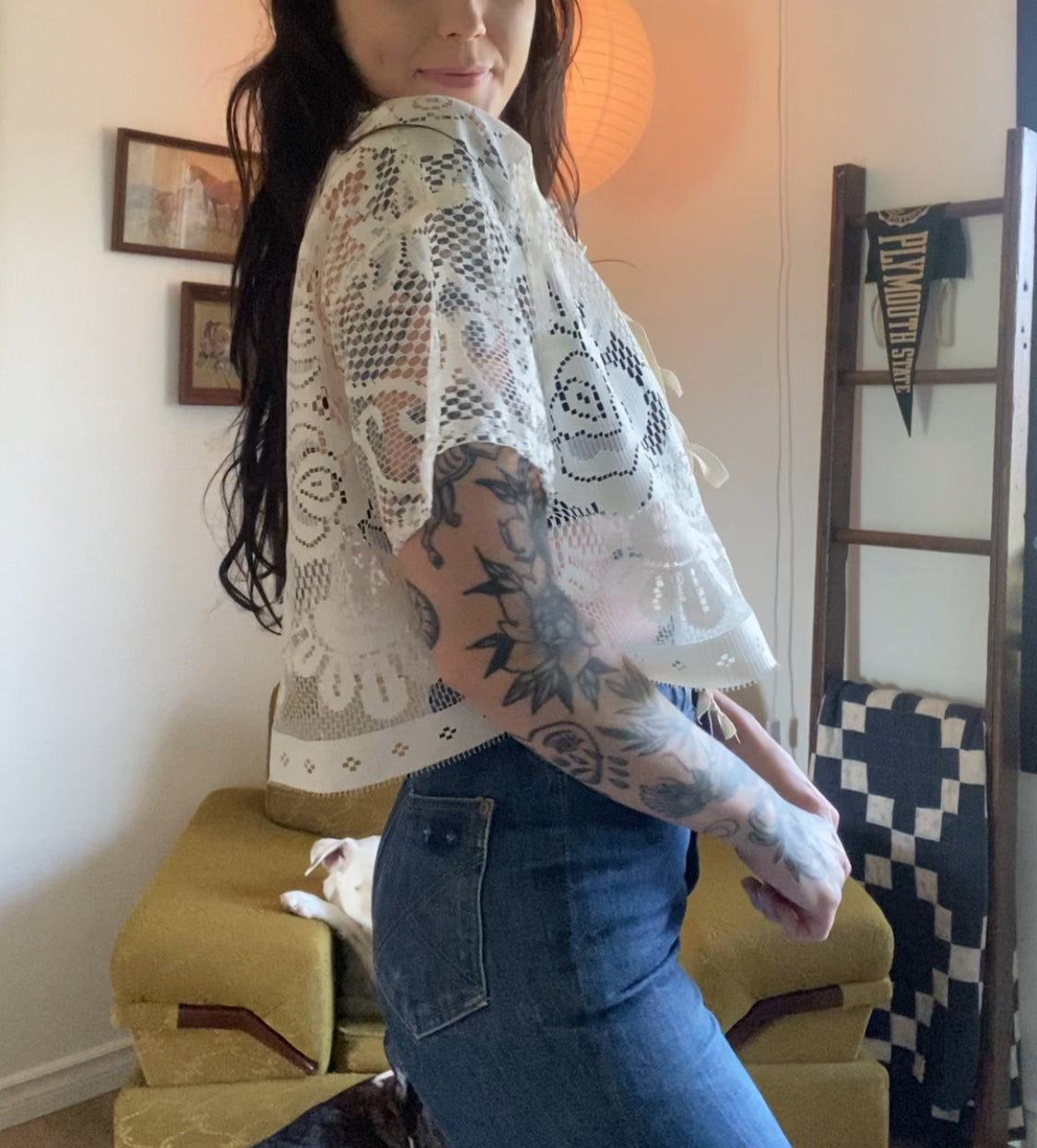 Upcycled Tie Front Lace Blouse