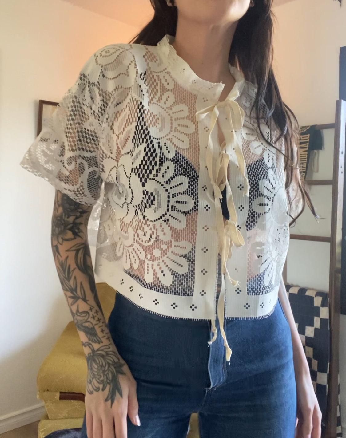 Upcycled Tie Front Lace Blouse