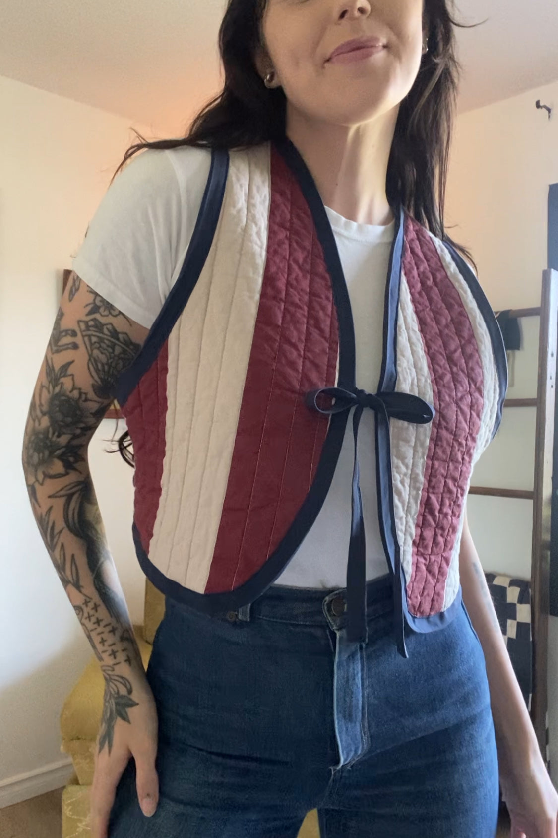 Upcycled Tie Front Striped Vest
