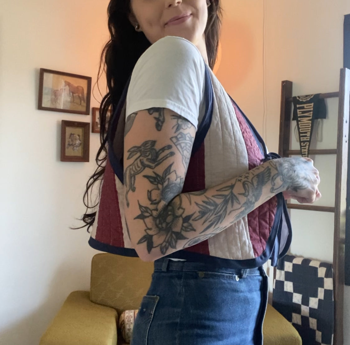 Upcycled Tie Front Striped Vest