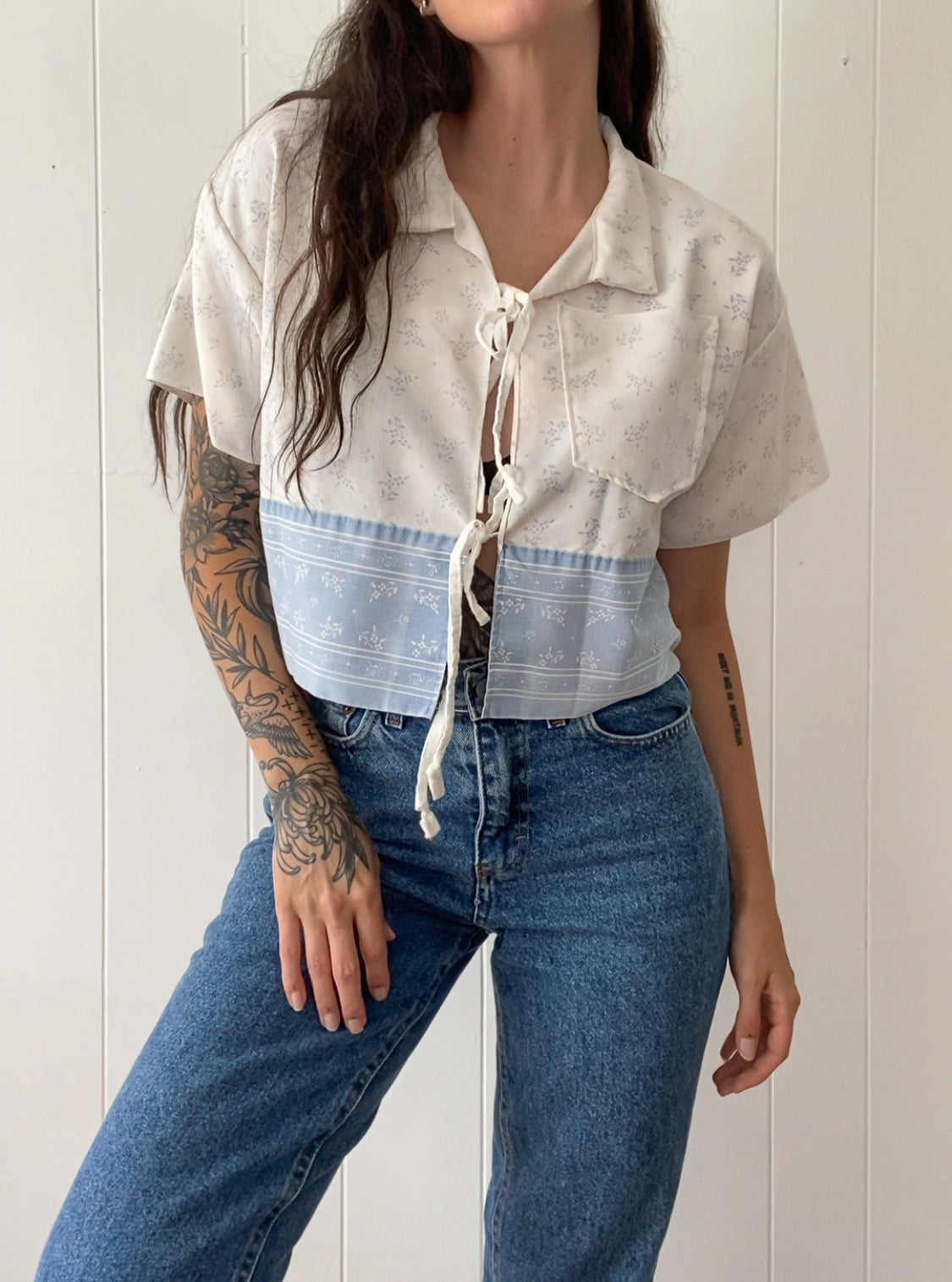 Upcycled Tie Front Floral Blouse