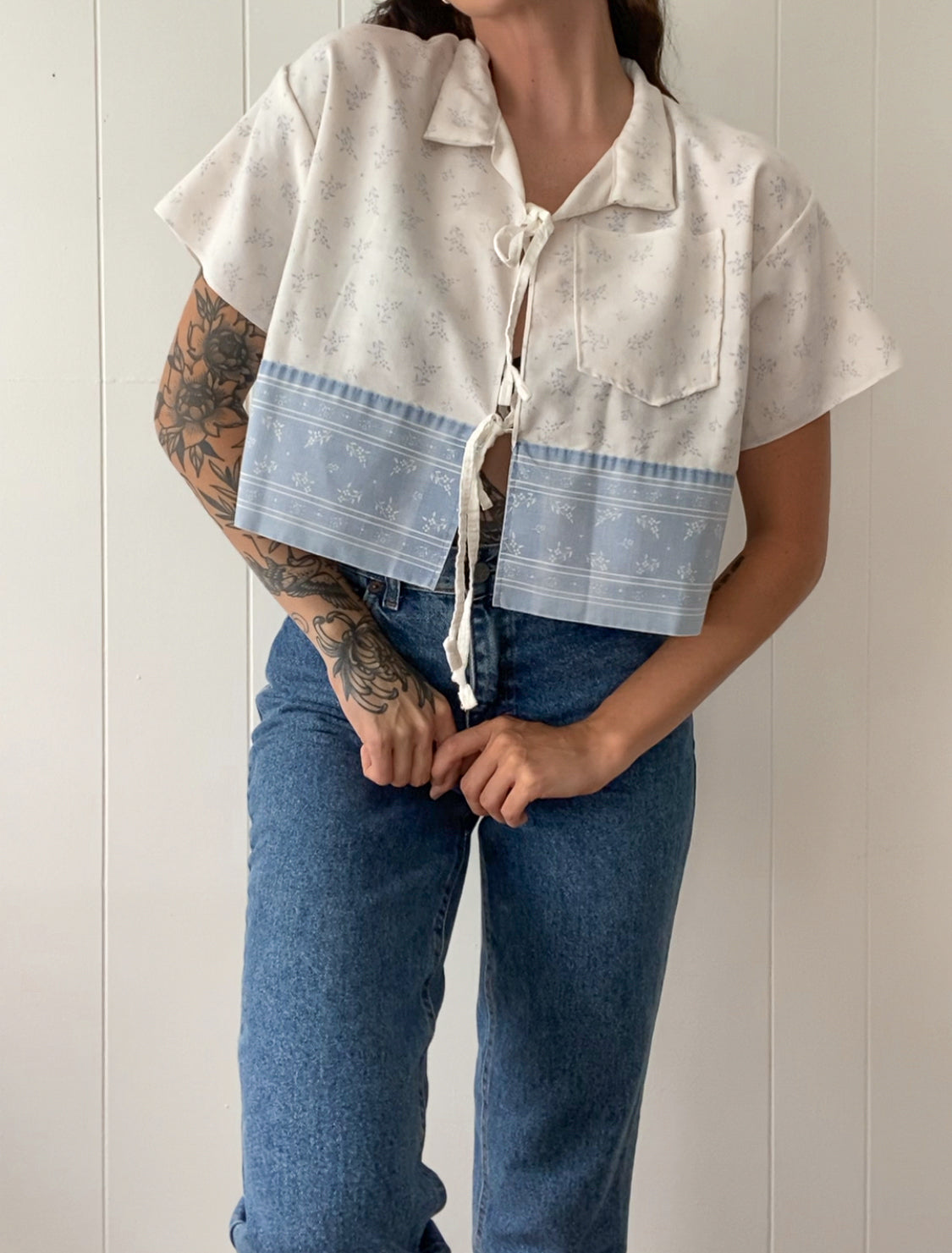 Upcycled Tie Front Floral Blouse