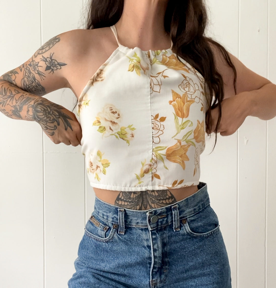 Upcycled Floral Criss-cross Backless Halter