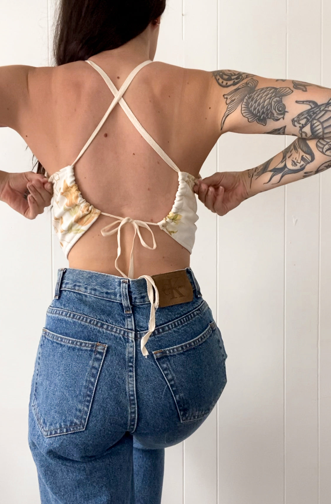 Upcycled Floral Criss-cross Backless Halter