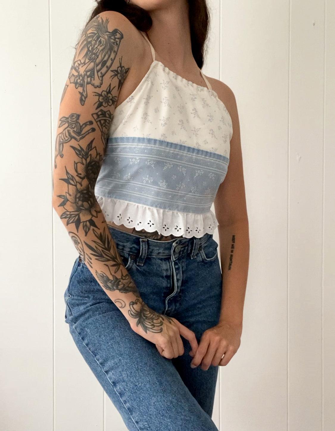 Upcycled Floral Criss-cross Backless Halter