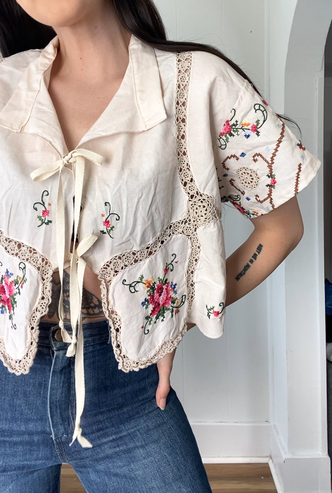 Upcycled Tie Front Blouse