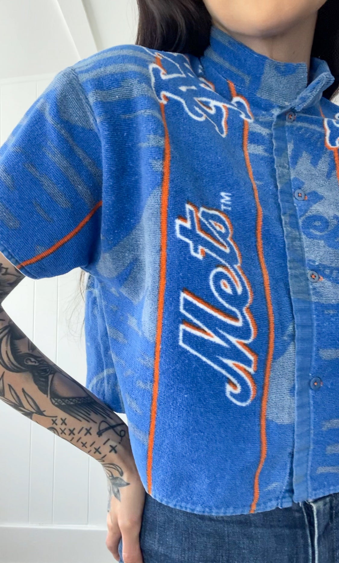 Upcycled NY Mets Terrycloth Button Up
