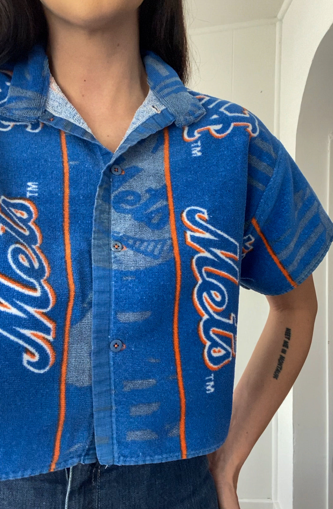 Upcycled NY Mets Terrycloth Button Up