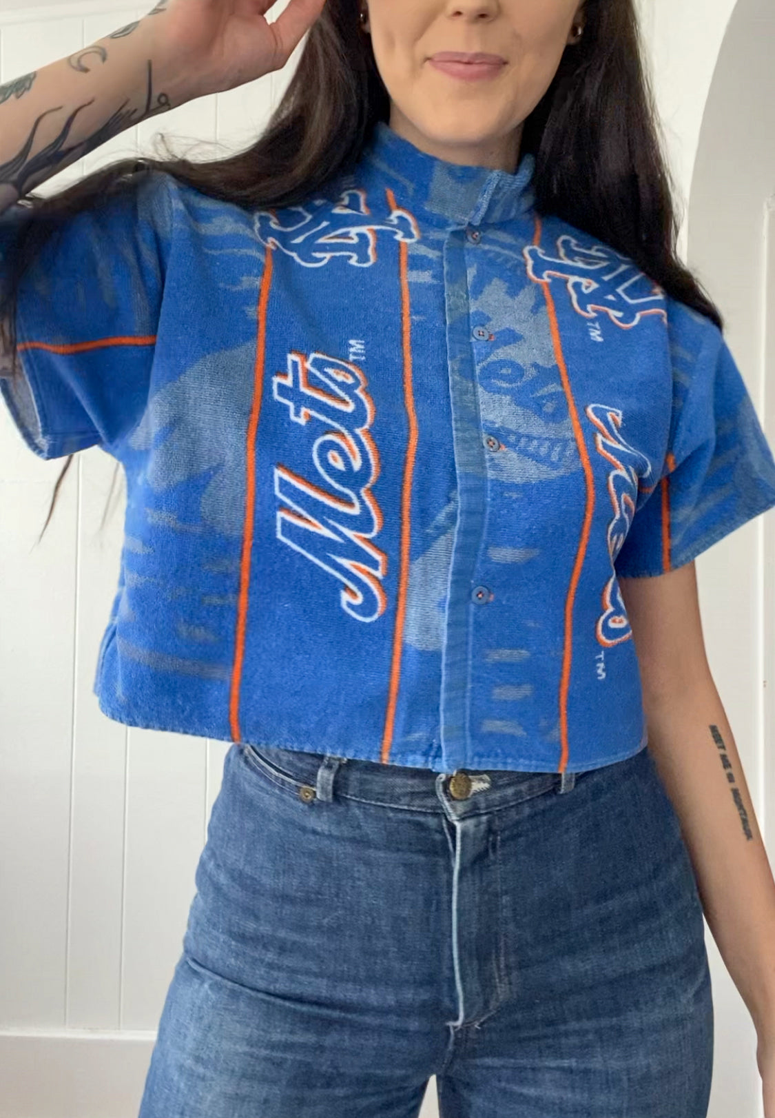 Upcycled NY Mets Terrycloth Button Up