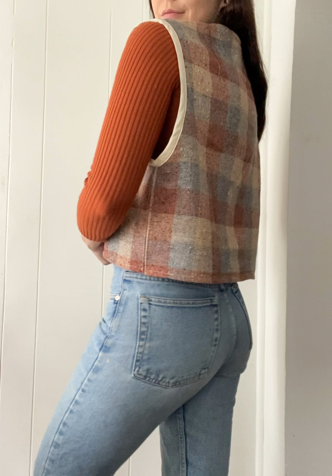 M-L Upcycled Checkered Tie-Front Vest