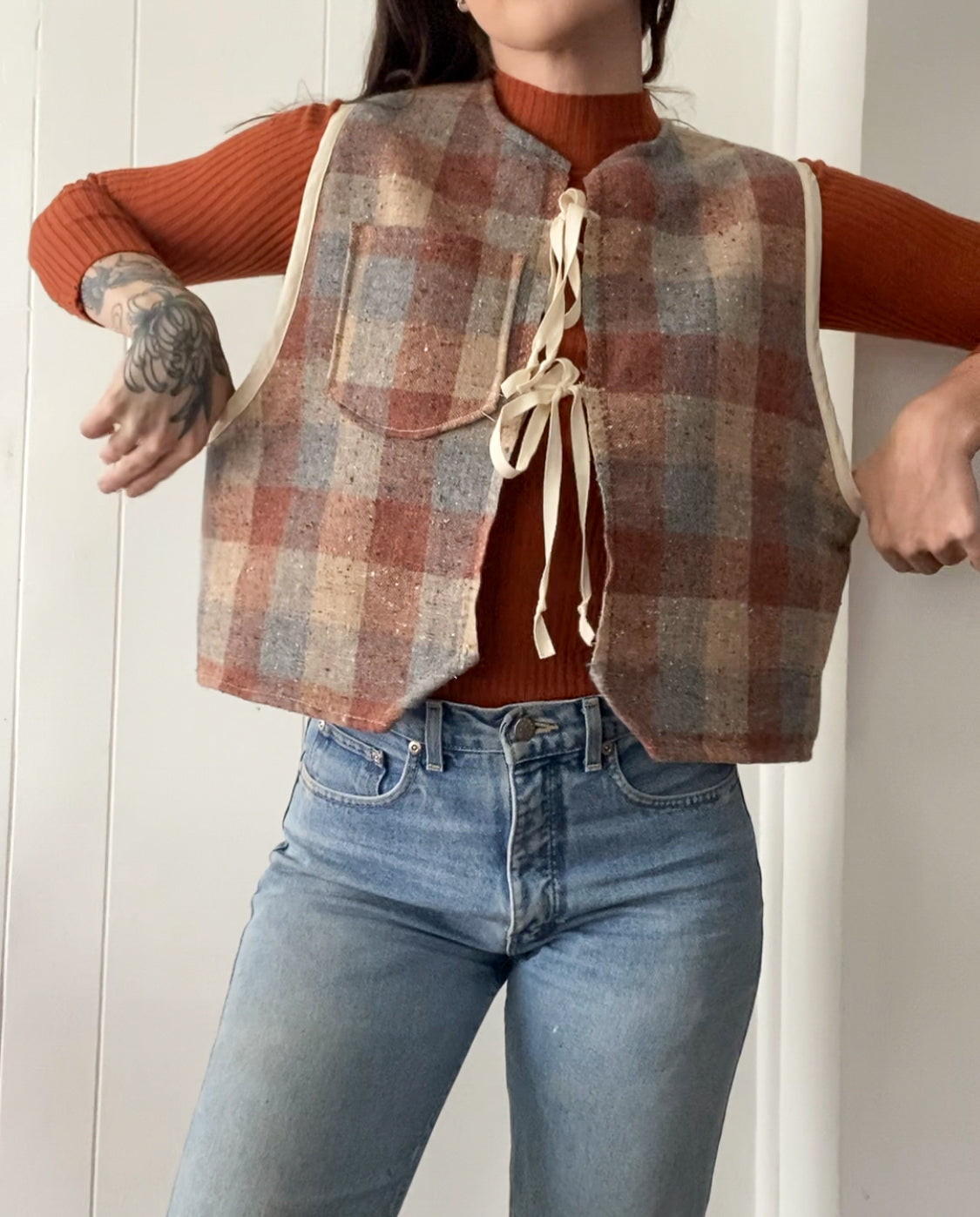 M-L Upcycled Checkered Tie-Front Vest