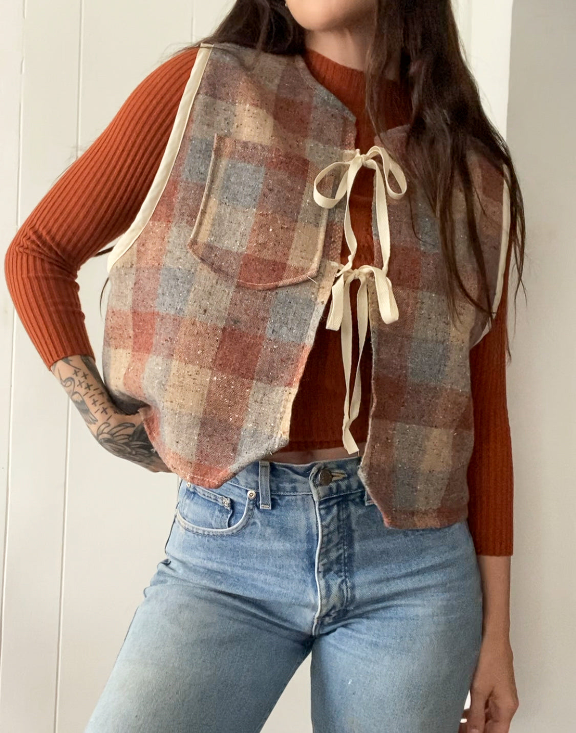 M-L Upcycled Checkered Tie-Front Vest