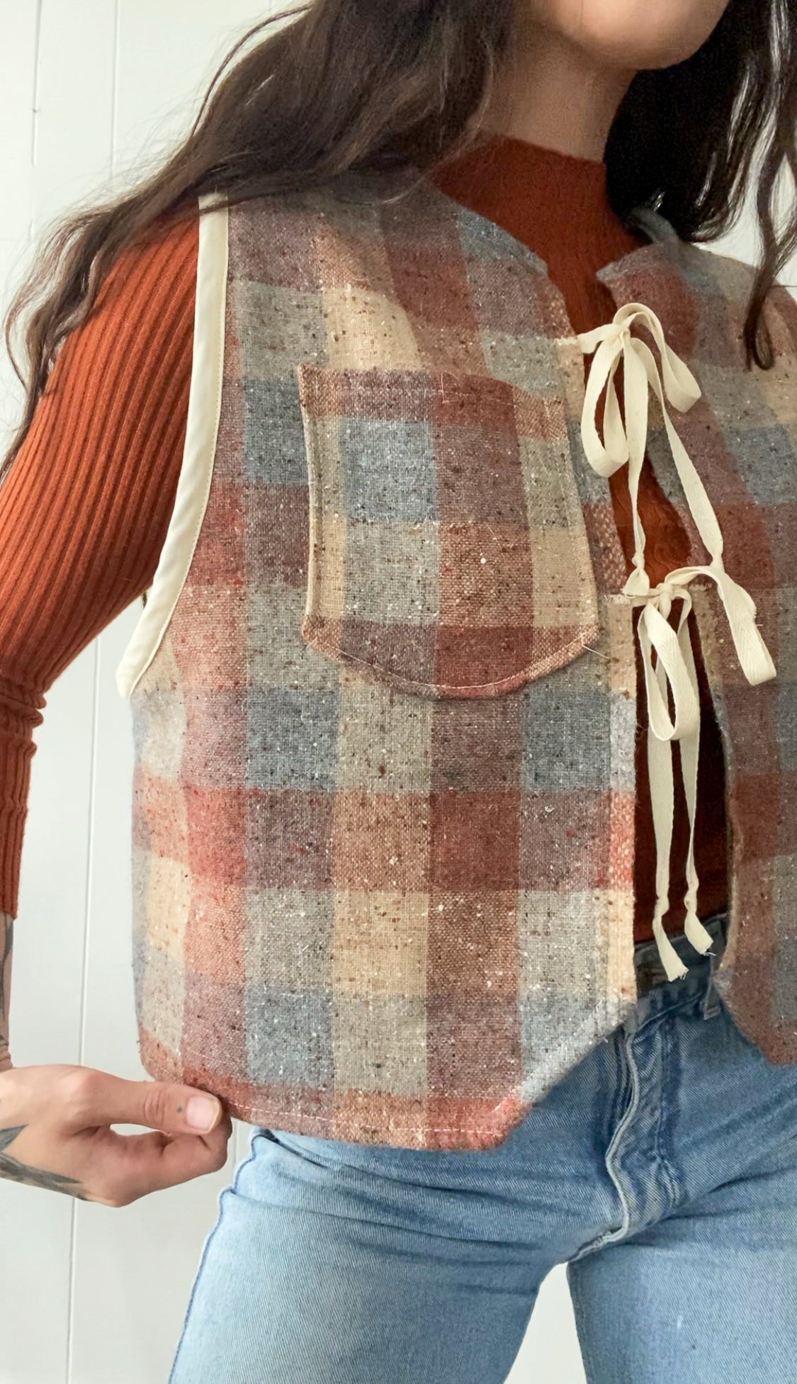M-L Upcycled Checkered Tie-Front Vest