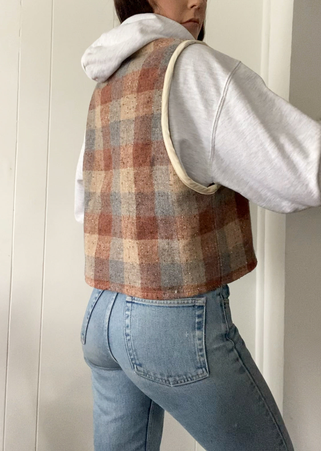 M-L Upcycled Checkered Tie-Front Vest