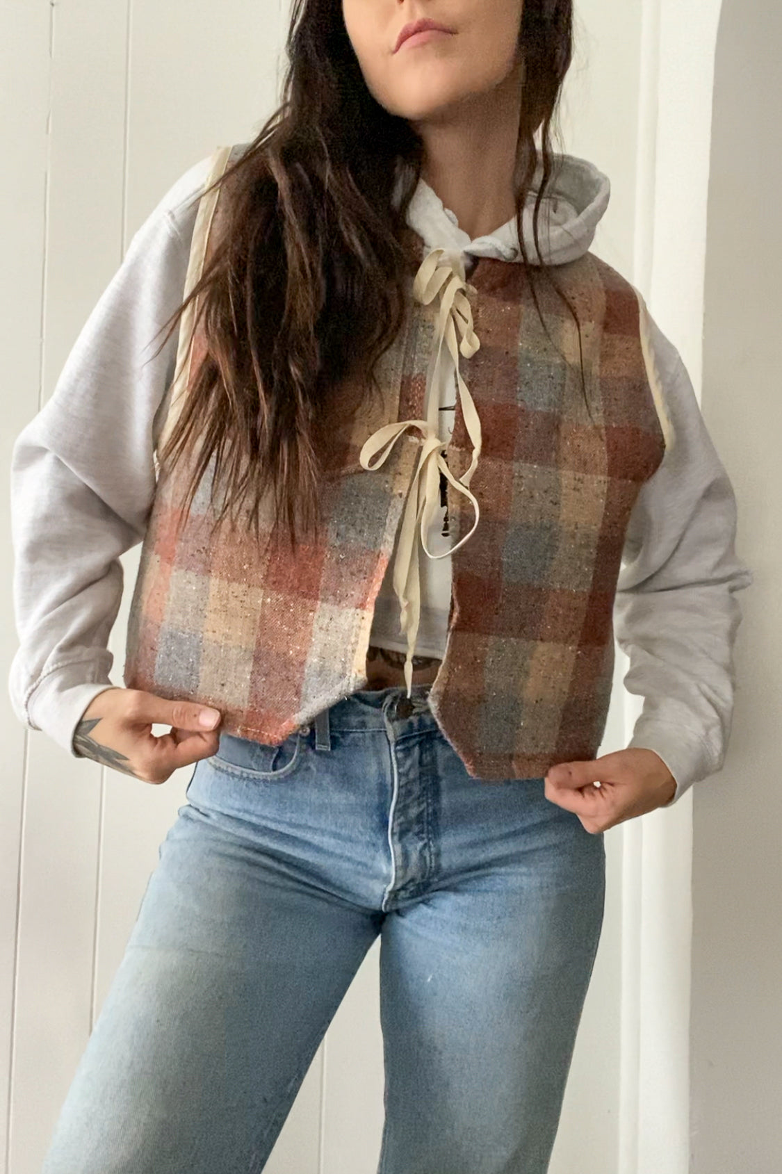 M-L Upcycled Checkered Tie-Front Vest