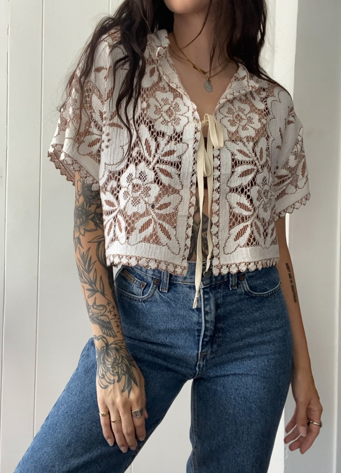 Upcycled Tie Front Lace Blouse