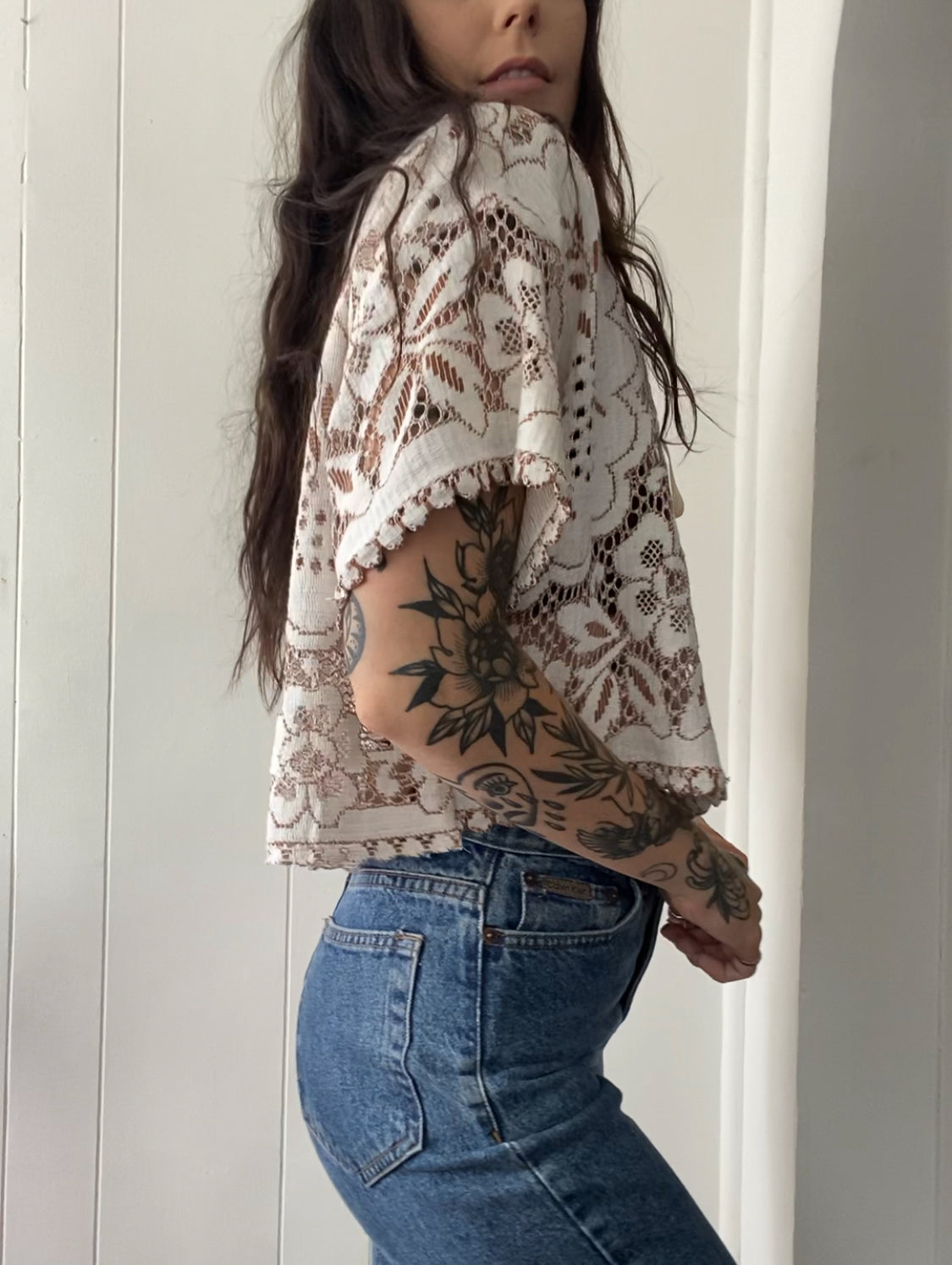 Upcycled Tie Front Lace Blouse