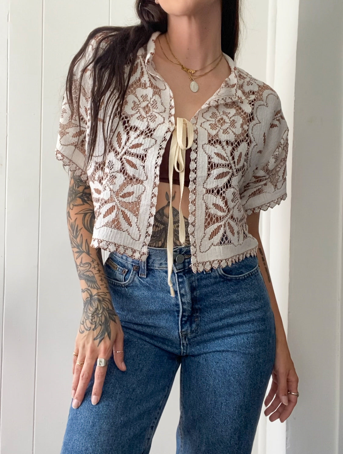 Upcycled Tie Front Lace Blouse