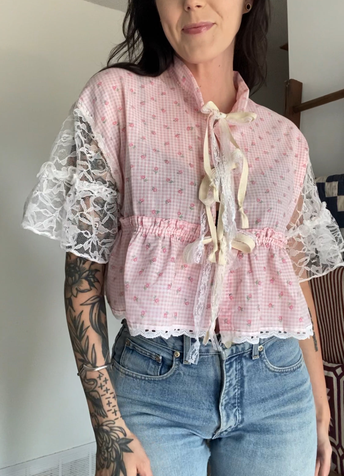 Upcycled Tie-front Frills & Lace Blouse