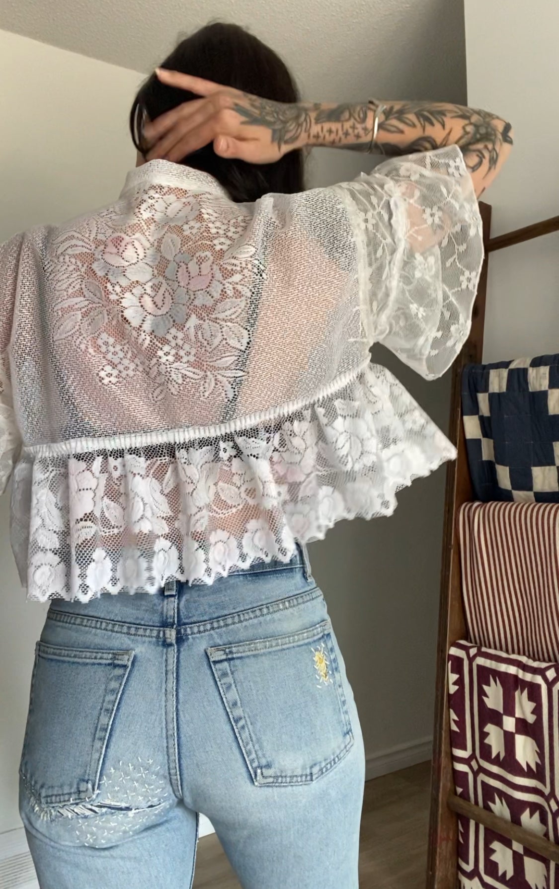 Upcycled Tie-front Frilly Lace Blouse