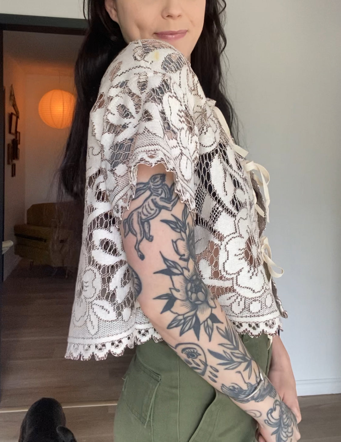 Upcycled Tie-front Lace Blouse