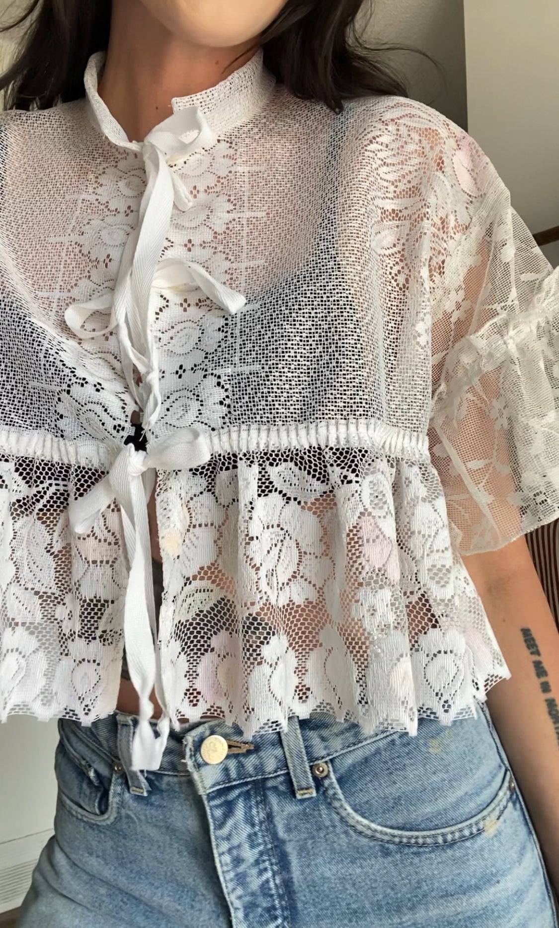 Upcycled Tie-front Frilly Lace Blouse