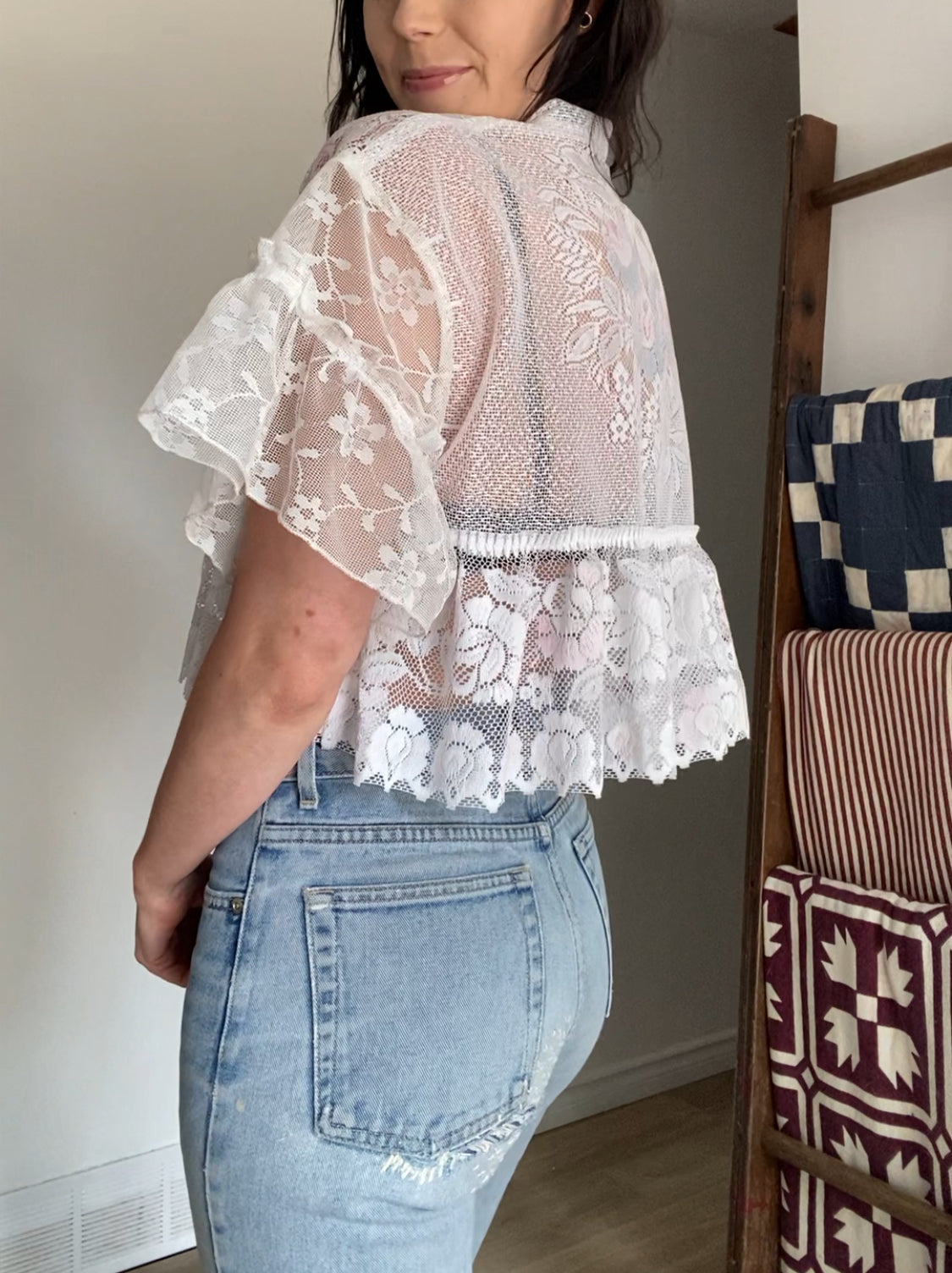 Upcycled Tie-front Frilly Lace Blouse