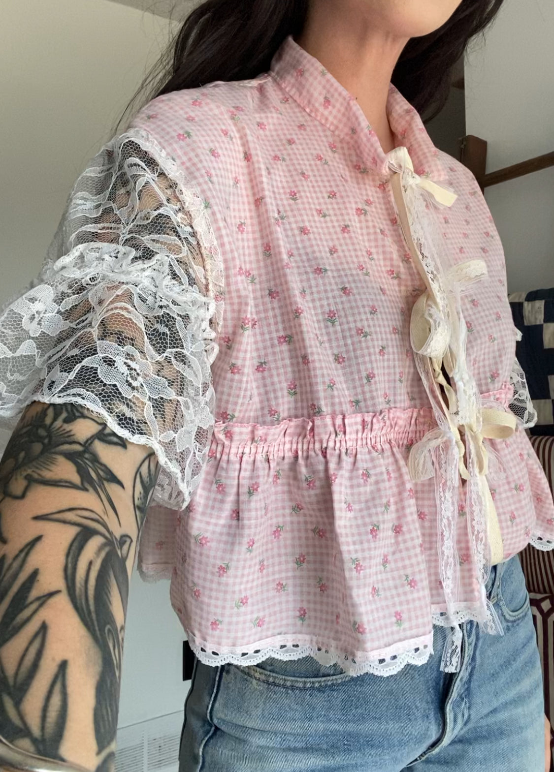 Upcycled Tie-front Frills & Lace Blouse