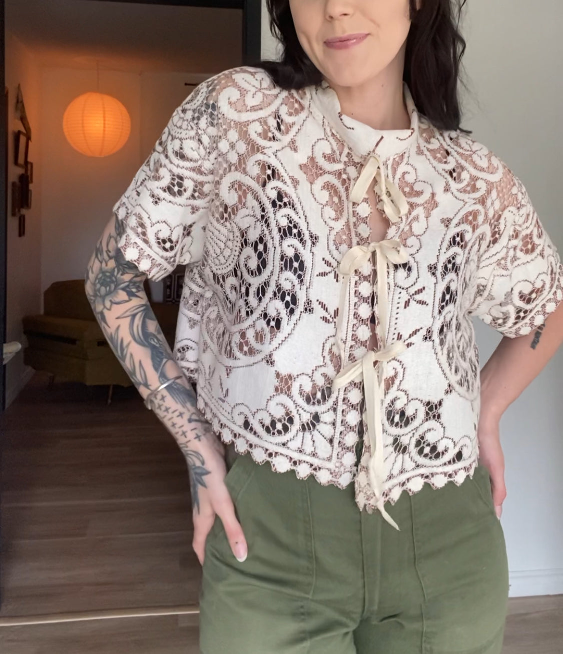 Upcycled Tie-front Lace Blouse